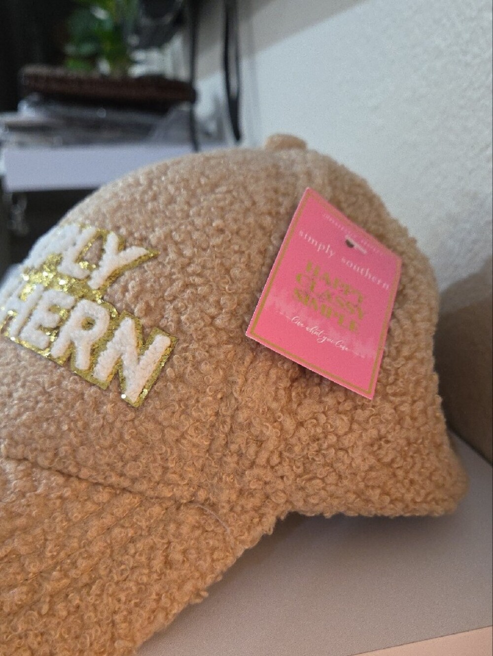 Simply Southern Tan Sherpa Kids Cap with White & Gold Embroidery - Picture 2 of 3
